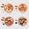 Mix of nuts in glass pots with honey, dried fruits