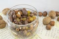 Mix of nuts, raisins,hazelnuts, almonds and chocolate in the bowl Royalty Free Stock Photo