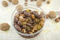 Mix of nuts, raisins,hazelnuts, almonds and chocolate in the bowl Royalty Free Stock Photo