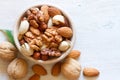 Mix of nuts in wooden bowl. Healthy and tasty snack