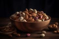 Mix nuts wooden bowl. Generate AI Royalty Free Stock Photo