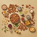 Mix of nuts in wooden bowls on table top view. Walnuts, cashew, almond, pistachio, pecan, hazelnut, macadamia nut. various super Royalty Free Stock Photo