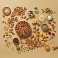 Mix of nuts in wooden bowls on table top view. Walnuts, cashew, almond, pistachio, pecan, hazelnut, macadamia nut. various super Royalty Free Stock Photo