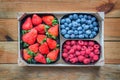 Mix of organic berries. Baskets of fresh raspberries, blueberries,strawberries on wooden table Royalty Free Stock Photo