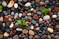 A mix of pebble stones and bricks creates a textured landscape