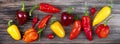 Mix pepper variety harvest on a wood table Royalty Free Stock Photo