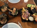 Mix of peruvian dishes, ceviche, fried prawns, octopus and anticucho