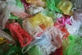 Mix of plastic bags of different colors. Conceptual. Plastic free trends.