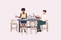 Mix race business couple discussing during meeting coffee break concept man woman office workers sitting at table using Royalty Free Stock Photo