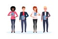 Mix race business people holding folder standing together happy man woman office workers male female cartoon character