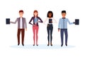 Mix race business people holding folder standing together happy man woman office workers male female cartoon character