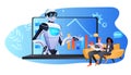 mix race businesspeople discussing with robot during video call financial statistics data analysis artificial