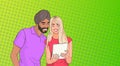 Mix Race Couple Using Tablet Computer Chatting Online Over Pop Art Colorful Retro Style Background