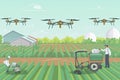 mix race farmers controlling agricultural drones sprayers quad copters flying to spray chemical fertilizers