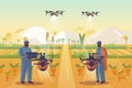 mix race farmers controlling agricultural drones sprayers quad copters flying to spray chemical fertilizers