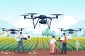 mix race farmers controlling agricultural drones sprayers quad copters flying to spray chemical fertilizers in greenhouse smart