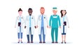 Mix race group of medical doctors team in uniform standing together hospital medical clinic workers full length flat Royalty Free Stock Photo