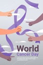 mix race human hand pointing finger on purple ribbon world cancer day breast disease awareness prevention poster 4 Royalty Free Stock Photo