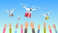 Mix race human hands raised up drones delivering gift present boxes sky transportation shipping air mail express