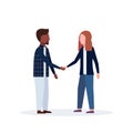 Mix race man woman couple handshake casual businesspeople colleagues shaking hands business agreement and partnership Royalty Free Stock Photo