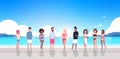 Mix race people group on sunrise beach seaside vacation summer holiday horizontal flat