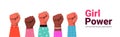 Mix race raised up women`s fists female empowerment movement girl power union of feminists concept Royalty Free Stock Photo