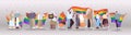 mix race senior people group holding lgbt rainbow flag gay lesbian love parade pride festival transgender love concept