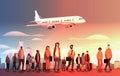 mix race travelers with baggage see airplane flight at airport airplane departure summer vacation concept Royalty Free Stock Photo