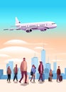 mix race travelers with baggage see airplane flight at airport airplane departure summer vacation concept Royalty Free Stock Photo