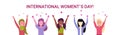 Mix race women group raising hands international happy 8 march day holiday celebration concept female characters Royalty Free Stock Photo