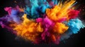 Mix of rainbow colors explosion of smoke and Holi powder isolated on black horizontal background splash of colors Royalty Free Stock Photo