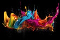 Mix rainbow liquid splashes. oil or ink splashing dynamic motion, design elements for advertising isolated on black background. Royalty Free Stock Photo