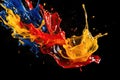 Mix red yellow blue liquid splashes. oil or ink splashing dynamic motion, design elements for advertising isolated on black Royalty Free Stock Photo