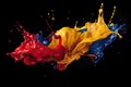 Mix red yellow blue liquid splashes. oil or ink splashing dynamic motion, design elements for advertising isolated on black Royalty Free Stock Photo