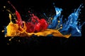 Mix red yellow blue liquid splashes. oil or ink splashing dynamic motion, design elements for advertising isolated on black Royalty Free Stock Photo