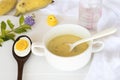 Mix rice gruel and boiled egg yolk healthy foods for baby