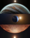 Mix of rising sun over Jupiter, WorldPlanet Earth and Mars Planet. Realistic 3D rendering of planets