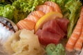 Mix sashimi plate, sliced of salmon, tuna , shrimp and Saba fish. Royalty Free Stock Photo