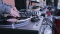 DJ playing music on a vinyl record player. DJ party stock futage