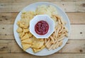 Mix snacks in dish with ketchup Royalty Free Stock Photo