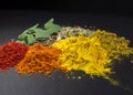 Mix of spices on dark background. Turmeric, paprika