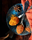 Mix of spices on a dark wooden background. rustic style
