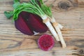 Mix spicy horseradish and beetroot in a small glass jar on a rustic wooden table. Organic food. top view Royalty Free Stock Photo