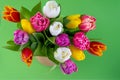 Mix of spring tulips flowers. Bouquet in a vase. Multi-colored spring flower. Gift. Red, pink, white and yellow Royalty Free Stock Photo