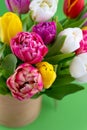 Mix of spring tulips flowers. Bouquet in a vase. Multi-colored spring flower. Gift. Red, pink, white and yellow Royalty Free Stock Photo