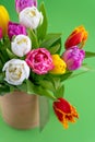 Mix of spring tulips flowers. Bouquet in a vase. Multi-colored spring flower. Gift. Red, pink, white and yellow Royalty Free Stock Photo