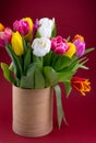 Mix of spring tulips flowers. Bouquet in a vase. Multi-colored spring flower. Gift. Red, pink, white and yellow Royalty Free Stock Photo