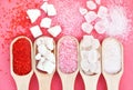 Mix of sugar varieties: pink, red and white, refined, granulated and cubes