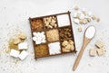 Mix of sugar varieties: unbleached, brown and white, refined and unrefined