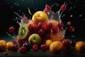 Mix summer fruit background with ripe oranges, grapes, apples and citrus fruits in a healthy diet. Freshness and nature vibes. Ai